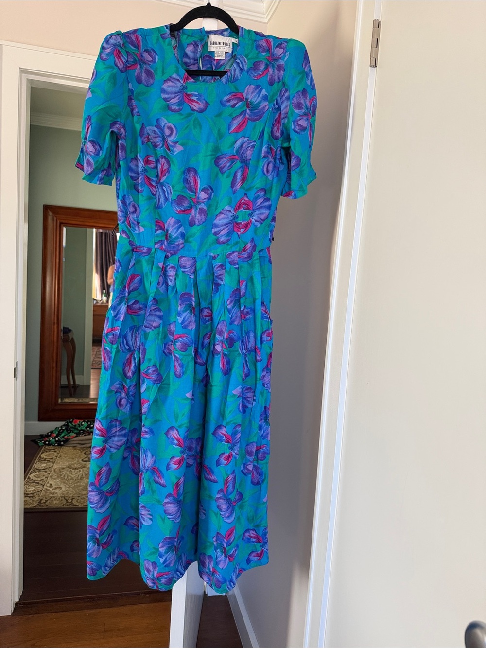 Caroline Wells Turquoise Floral Midi Dress with Purple Accents